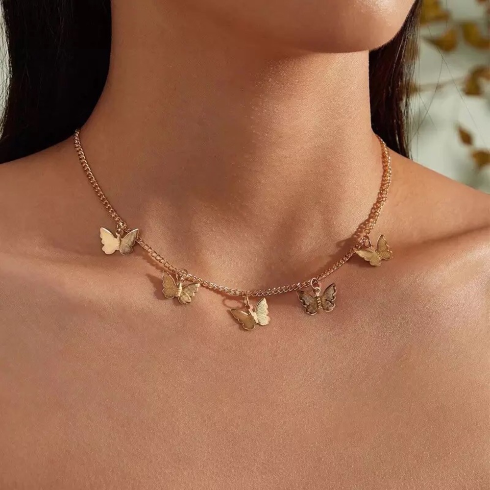 "Summer Bliss" Butterfly Hippie Festival Minimalist Gold Silver Choker Necklace - Picture 9 of 11